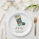 Winter Oh Baby Christmas Stocking Baby shower Papieren Bordje<br><div class="desc">Winter Waterverf Hallo Baby Forest Christmas Cottage thema baby shower. Geweldig voor het winterseizoen. Laten we iets unieks bouwen voor uw baby shower! Aangepaste,  gepersonaliseerde,  bewerkbare download,  waterverf,  winter,  kerst,  kous,  vakantie. grillige illustratie</div>