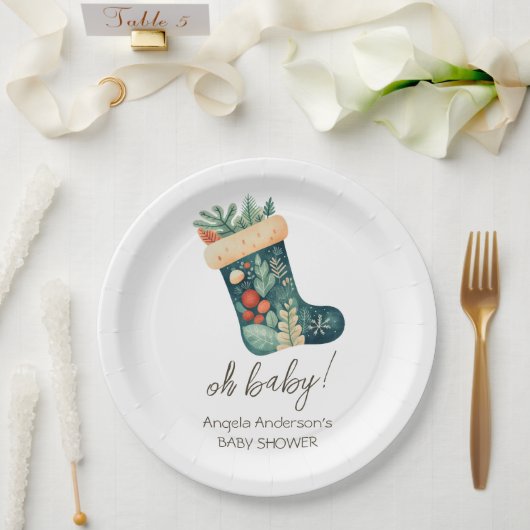 Winter Oh Baby Christmas Stocking Baby shower Papieren Bordje (Huwelijk)
