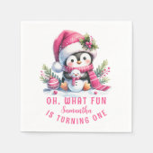Winter Oh Wat Leuke Pinguïn Roze Meisje 1e Verjaar Servet (Voorkant)