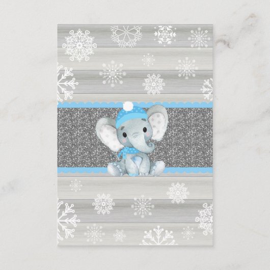 Winter Olifant Blauw Jongen Dank u Kaart, rustiek Informatiekaartje (Achterkant)