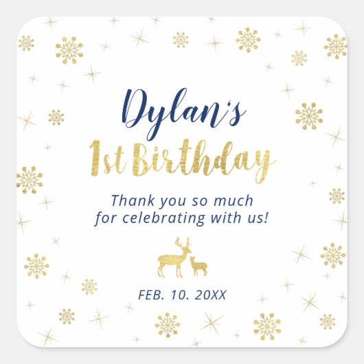 Winter onderland, Custom Gold 1st Birthday sticker (Voorkant)