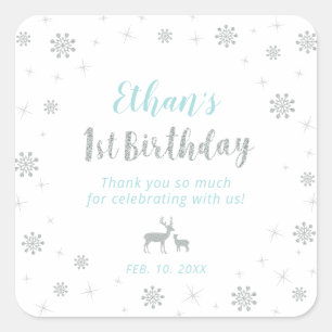 Winter onderland, Custom Silver Blue 1e Verjaardag Vierkante Sticker