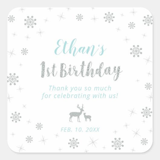 Winter onderland, Custom Silver Blue 1e Verjaardag Vierkante Sticker (Voorkant)