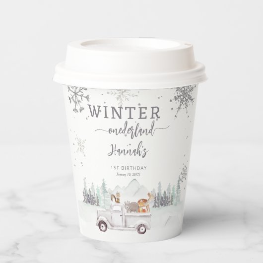 Winter Onderland eerste verjaardagsfeestje Papieren Bekers (Voorkant)