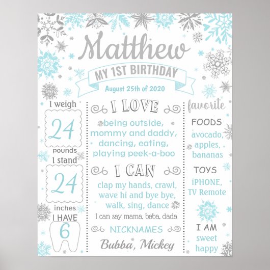 Winter Onderland First Birthday milestone sign Poster (Voorkant)