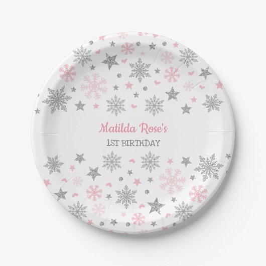 Winter Onderland Pink Silver Snowflake Birthday Papieren Bordje (Voorkant)