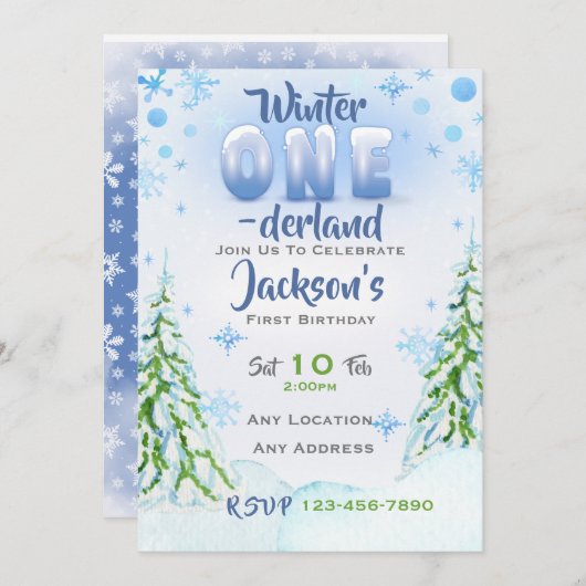 Winter One-derland Eerste Verjaardagsfeestuitnodig Kaart (Voorkant / Achterkant)