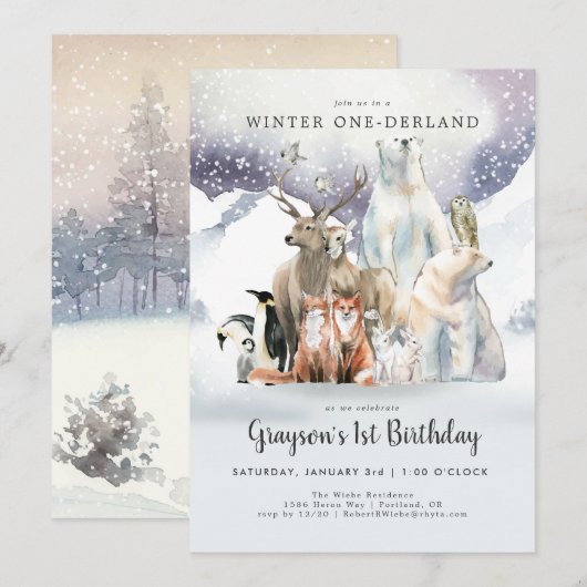 Winter ONE-derland First Birthday Invitation (Voorkant / Achterkant)