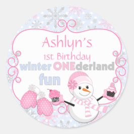 Winter One-derland First Birthday Snowman Mittens Ronde Sticker