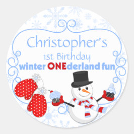 Winter One-derland First Birthday Snowman Mittens Ronde Sticker