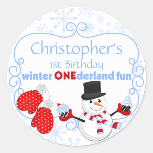 Winter One-derland First Birthday Snowman Mittens Ronde Sticker (Voorkant)