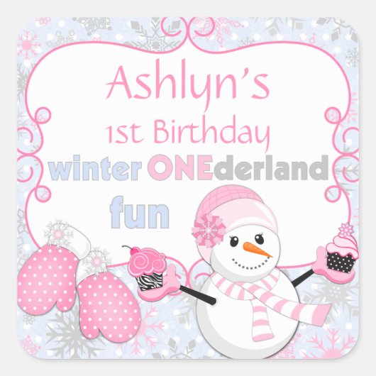 Winter One-derland First Birthday Snowman Mittens Vierkante Sticker (Voorkant)