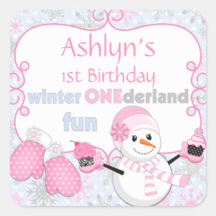 Winter One-derland First Birthday Snowman Mittens Vierkante Sticker