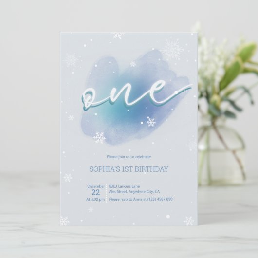 Winter One Frozen 1st Birthday Invitation Snowy Kaart (Staand voorkant)