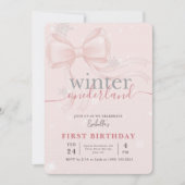 Winter Onederlan Pink Bow Baby First Birthday Kaart (Voorkant)