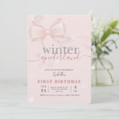 Winter Onederlan Pink Bow Baby First Birthday Kaart (Staand voorkant)