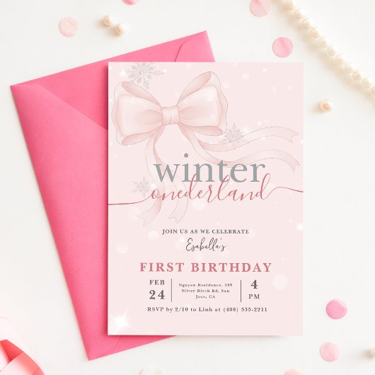 Winter Onederlan Pink Bow Baby First Birthday Kaart