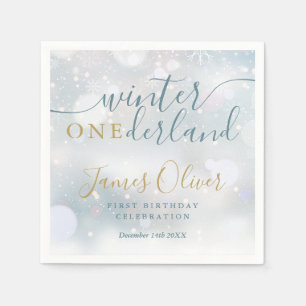 Winter Onederland 1e verjaardag Blauw en Goud Servet