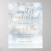 Winter Onederland 1e verjaardag Blauw Goud Welkom Poster (Voorkant)