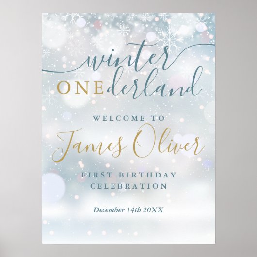 Winter Onederland 1e Verjaardag Blauw Goud Welkom Poster (Voorkant)