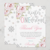 Winter ONEderland 1e verjaardag Bloemen Zilveren S Bedankkaart (Voorkant / Achterkant)