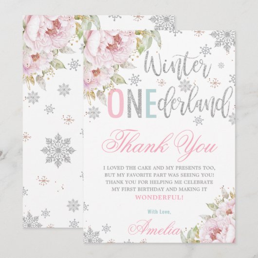 Winter ONEderland 1e verjaardag Bloemen Zilveren S Bedankkaart (Voorkant / Achterkant)
