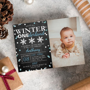 Winter ONEderland 1e verjaardag foto echt Folie Uitnodiging