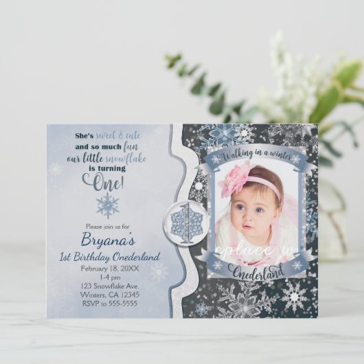 Winter Onederland 1e verjaardag foto uitnodigingen (Staand voorkant)