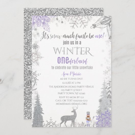 Winter Onederland 1e verjaardag Lavender Snowflake Kaart (Voorkant / Achterkant)