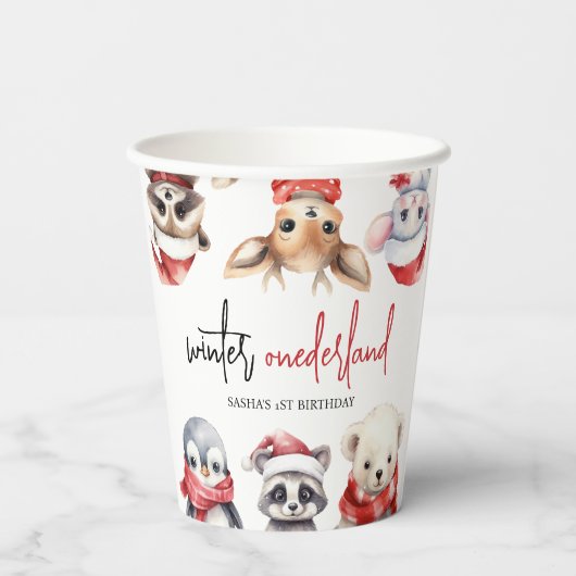 Winter ONEderland 1e verjaardag Leuke Dieren Papieren Bekers (Achterkant)