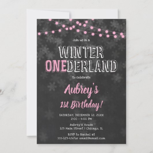 Winter Onederland 1e Verjaardag meisje roze zwart Kaart (Voorkant)