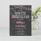 Winter Onederland 1e Verjaardag meisje roze zwart Kaart (Staand voorkant)