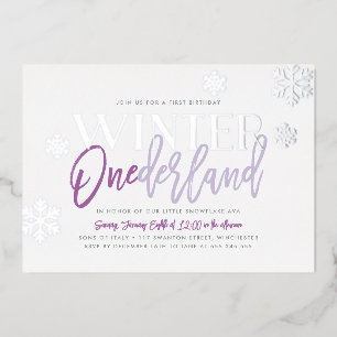 Winter ONEderland 1e verjaardag Paars Zilver Folie Uitnodiging