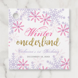 Winter Onederland 1e verjaardag Paarse roze sneeuw Bedankjes Labels