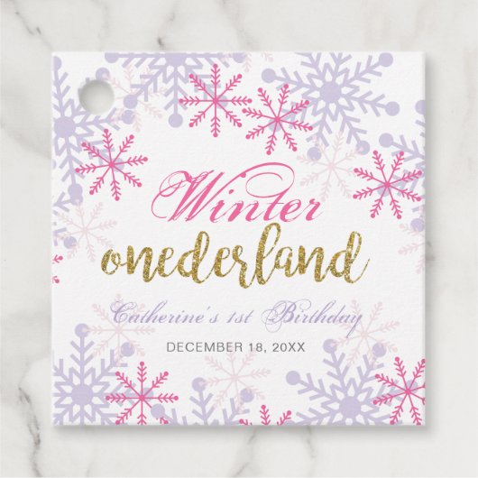 Winter Onederland 1e verjaardag Paarse roze sneeuw Bedankjes Labels (Voorkant)