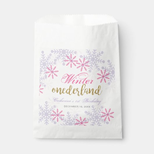 Winter Onederland 1e verjaardag Paarse roze sneeuw Bedankzakje (Voorkant)
