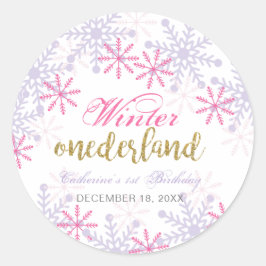 Winter Onederland 1e verjaardag Paarse roze sneeuw Ronde Sticker