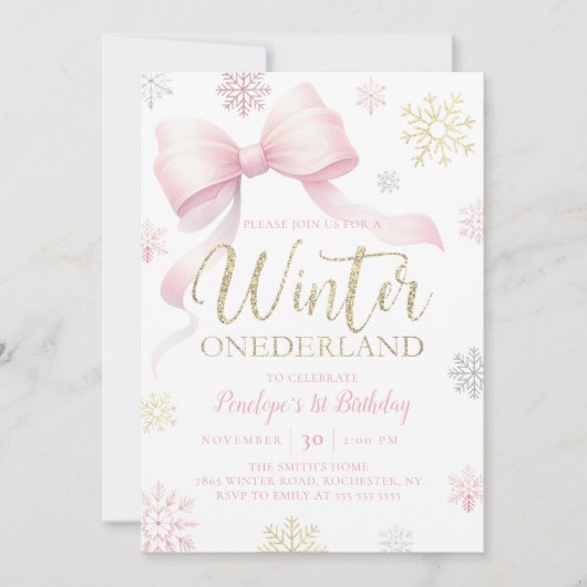 Winter Onederland 1e Verjaardag Roze Bow Sneeuwvlo Kaart (Voorkant)