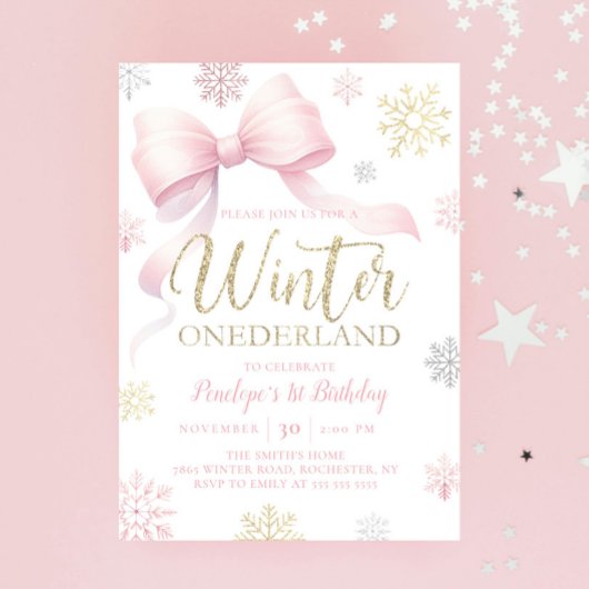 Winter Onederland 1e Verjaardag Roze Bow Sneeuwvlo Kaart