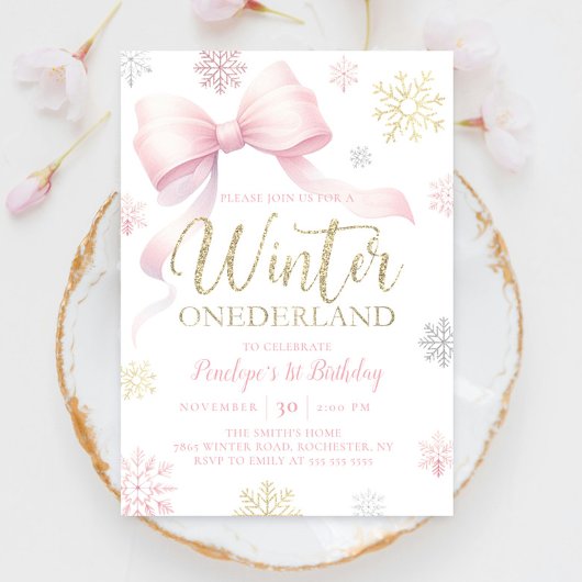 Winter Onederland 1e Verjaardag Roze Bow Sneeuwvlo Kaart