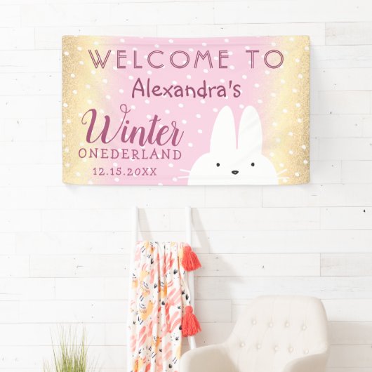 Winter Onederland 1e Verjaardag Roze en Gouden Bun Spandoek (Insitu)