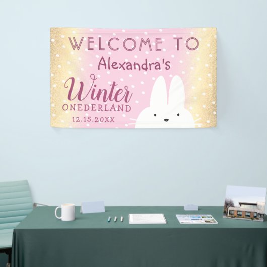 Winter Onederland 1e Verjaardag Roze en Gouden Bun Spandoek (Beurs)