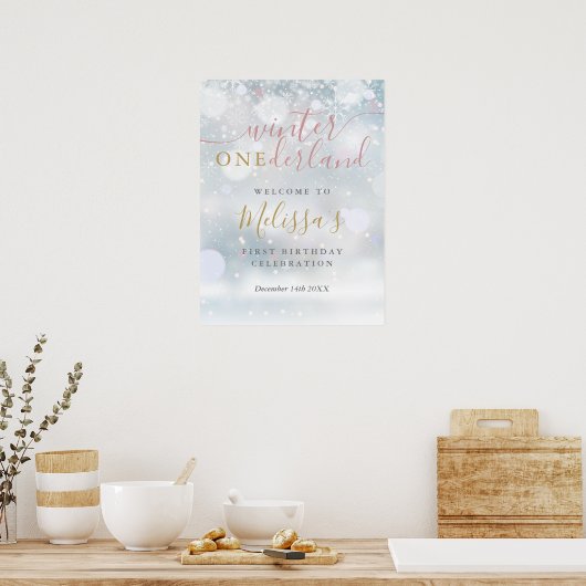 Winter Onederland 1e Verjaardag Roze Goud Welkom Poster (Keuken)