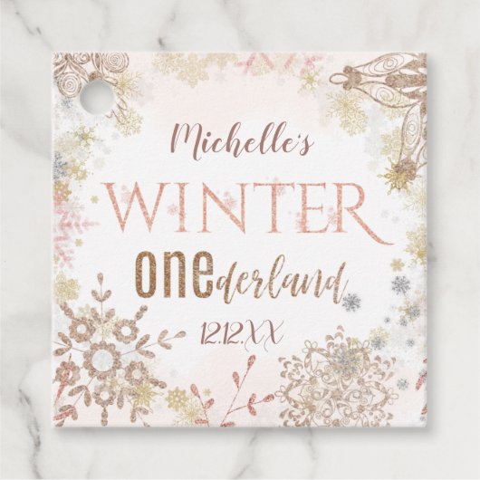 Winter Onederland 1e verjaardag Roze Snowflake Bedankjes Labels (Voorkant)