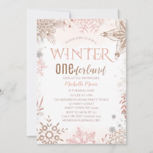 Winter Onederland 1e verjaardag Roze Snowflake Kaart (Voorkant)