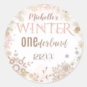 Winter Onederland 1e verjaardag Roze Snowflake Ronde Sticker