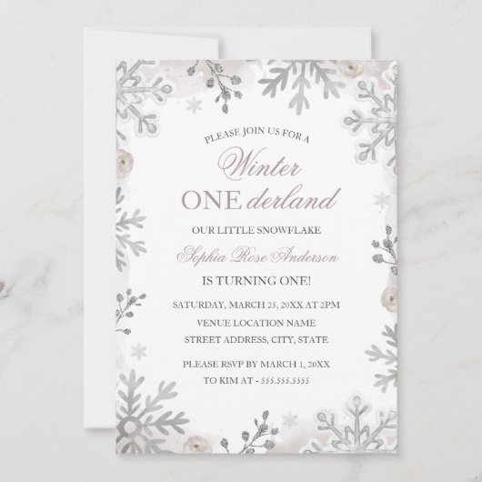 Winter Onederland 1e verjaardag Silver Snowflake Kaart (Voorkant)