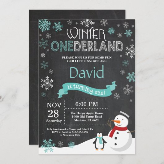 Winter Onederland 1e verjaardag uitnodiging (Voorkant / Achterkant)