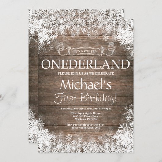 Winter Onederland 1e verjaardag uitnodiging (Voorkant / Achterkant)