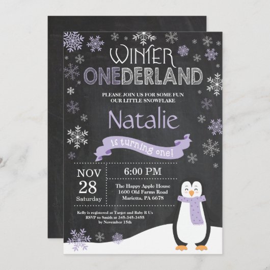 Winter Onederland 1e verjaardag uitnodiging (Voorkant / Achterkant)